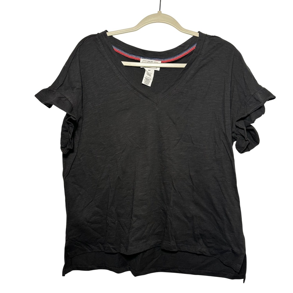 FOR THE REPUBLIC Black Cotton V Neck Ruffle Sleeve T Shirt Top Women's Small